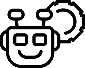 Simple line icon of a happy robot with a gear mechanism, representing artificial intelligence and problem solving