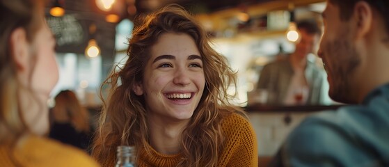 Fototapeta premium candid moment of friends laughing together at a cafe. conversation with friends. friendship, happy chat with friends