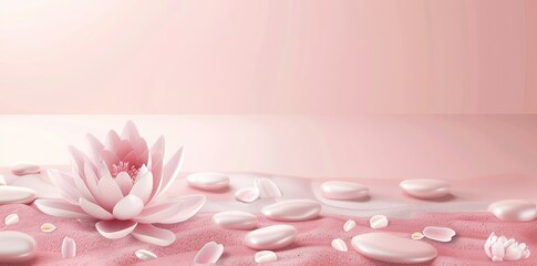 Obraz premium With copy space, Zen stones, velvet sand and lotus flower on pink background. Wellness and harmony, massage and bodycare, spa and wellness concept.