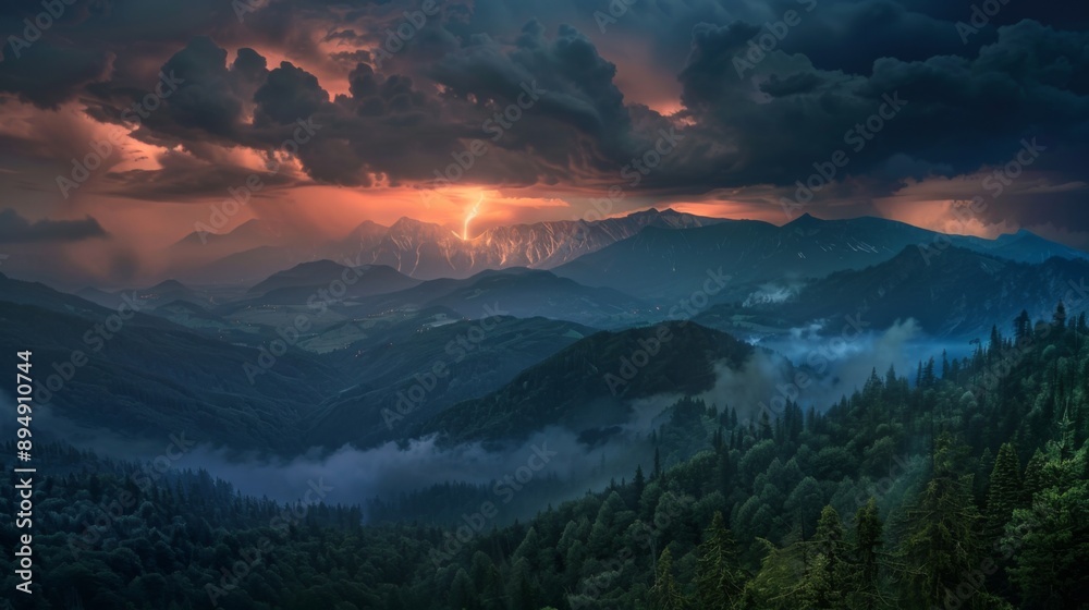Poster thunderstorm over a mountain range, with lightning striking in the distance and ominous clouds overh
