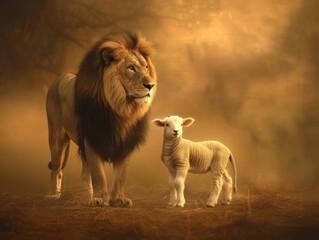 A lion and lamb standing side-by-side, a spiritual metaphor for a symbolic couple, a balance of strength and softness, courage and sacrifice, pride and innocence