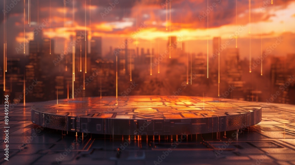 Aufkleber a circular platform sits in the foreground, with a futuristic cityscape silhouetted in the backgroun