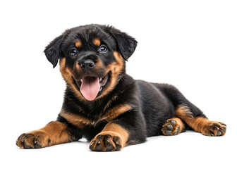 Rottweiler puppy smiling while relaxing on isolated background - Powered by Adobe