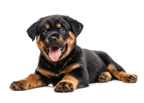 Rottweiler puppy smiling while relaxing on isolated background