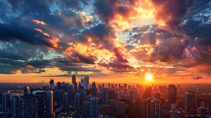 Fototapeta premium Urban skyline with skyscrapers at sunrise, with city lights still twinkling under the rising sun.