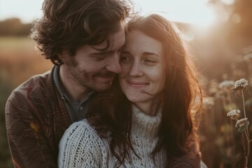 Fototapeta premium Portrait of a blissful couple in their 30s planning a future together