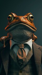 Frog dressed in an elegant suit with a nice tie. Fashion portrait shot in a charismatic human manner.