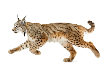 Eurasian Lynx in active running pose on isolated background