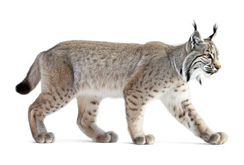 Lynx animal in walking pose, side view on isolated background