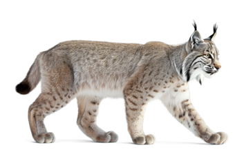 Lynx animal in walking pose, side view on isolated background