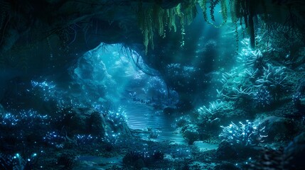 Obraz premium Dreamlike underwater cave illuminated by bioluminescent plants and fantastical sea creatures