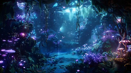 Dreamlike underwater cave illuminated by bioluminescent plants and fantastical sea creatures