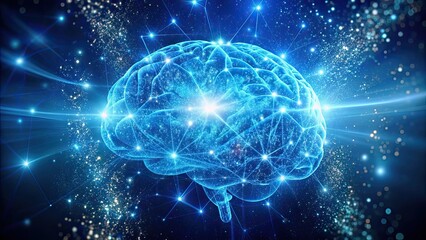 Blue brain separated with particle and sparkle artificial intelligence concept on background, blue, brain