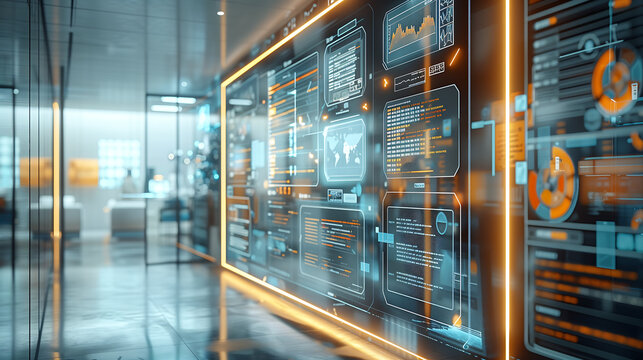 futuristic digital interface displaying data visualizations and graphs on glass walls in an office setting representing advanced technology and Ai in business