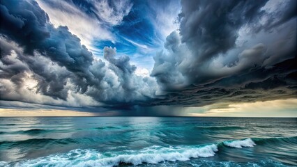 Fototapeta premium Storm clouds brewing over the turbulent ocean waters, storm, ocean, clouds, waves, weather, dramatic, dark, moody, turbulent