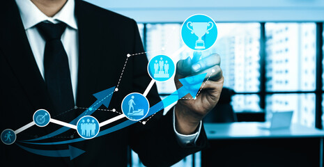 Achievement and Business Goal Success Concept - Creative business people with icon graphic...