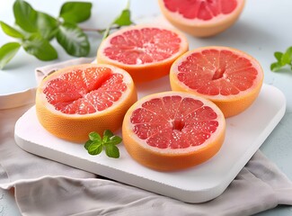 Freshly Cut Red Grapefruit Halves on a White Cutting Board