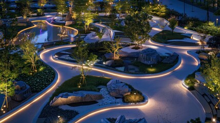 corporate light sculpture garden with LED installations, interactive light shows, and paths for evening walks