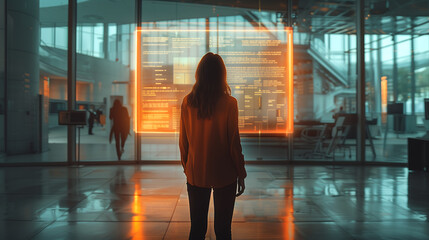 woman standing in a modern office looking at a large glowing data screen with lines of text and charts high-tech environment