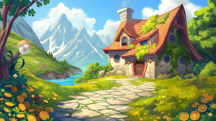 The village scene with cute fantasy dwarf house with catoon, game background, illustration