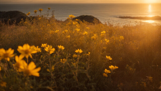 Abstract warm landscape of dry wildflowers and grass meadows on mountain in warm golden hour of sunset or sunrise, tranquil autumn nature field background. panoramic landscape