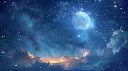 Naklejka premium Mystical sky with glowing, fantastical constellations and a radiant, ethereal moon