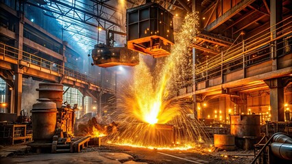 Nighttime steel factory with metal sparks flying in fiery blaze