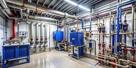 Fototapeta premium Modern gas boiler room with heating equipment, pipelines, valves, and gauges, gas boiler, industrial, heating, process