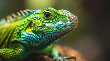 Fototapeta premium Green lizard close up shot, blurred background