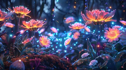 Surreal garden with vibrant, glowing flowers and whimsical, magical creatures