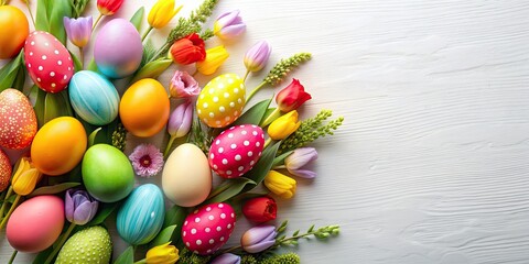 Composition of colorful Easter eggs and flowers on light background, Easter, eggs, flowers, colorful, composition