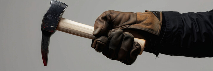 Closeup of Hand Holding a Hammer with Gloves - Person holding a hammer and 3D printed tool, person holding profession tools alternative, modern construction techniques