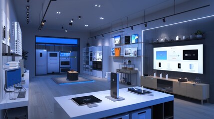 corporate smart home demo center with fully integrated IoT devices, smart appliances, and a virtual home assistant