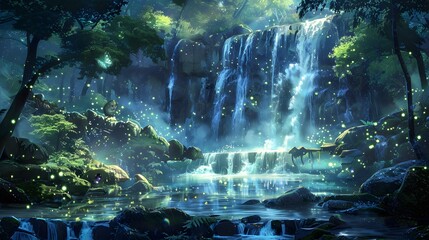 Enchanted waterfall cascading into a pool of shimmering, magical water