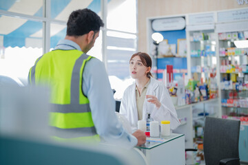A female pharmacist is talking with a construction worker who needs medicine for pain and discomfort. Pharmacist in a pharmacy with medicines on shelves