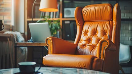 Comfortable Leather Armchair in a Cozy Home Office - A warm, inviting home office with a comfortable leather armchair, a laptop on the desk