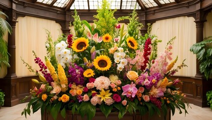 Naklejka premium Beautiful flower arrangements with various types of flowers, including roses, sun lilies, and tulips. The flowers are in the room arranged in a table and vase.