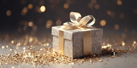 Gold gift box with golden ribbon bow. Elegant present box on a black background with golden sparkles. Beautiful Background for greeting card for Christmas, Birthday, Anniversary, Wedding, Holiday