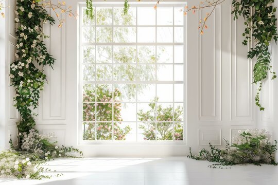 Wedding backdrop aesthetic flower minimalist decoration sunlight studio indoor white background