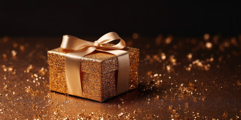 Golden gift box with gold ribbon bow. Elegant present box on a black background with golden sparkles. Beautiful Background for greeting card for Birthday, Christmas, Anniversary, Wedding, Holiday