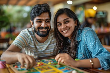 Fototapeta premium Portrait of a happy indian couple in their 20s playing a board game