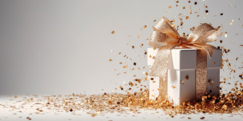 White gift box with gold ribbon bow. Elegant present box on a white background with golden sparkles. Beautiful Background for greeting card for Birthday, Christmas, Anniversary, Wedding, Holiday