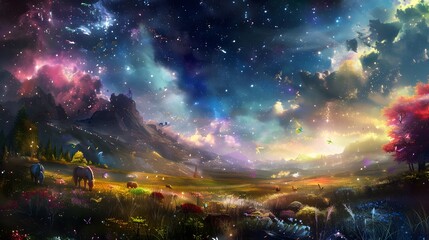 Obraz premium Enchanted meadow where magical creatures graze under a vibrant, starry sky