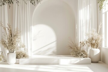 Wedding backdrop aesthetic flower minimalist decoration sunlight studio indoor white background