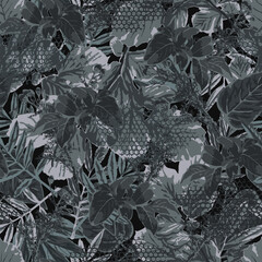 Gray camouflage monochrome seamless pattern with lush foliage, leaves, pieces of hexagon net. Wild nature. For apparel, fabric, textile, sport goods design.