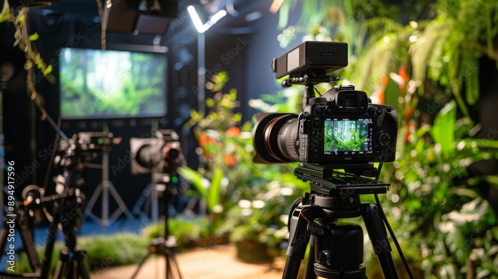 Poster a camera on a tripod in a studio setting, with a green screen behind it. the camera is pointed at th