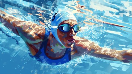 Determined Swimmer Cutting Through Water - A determined swimmer in a blue swimsuit cuts through the water, showcasing strength, focus, and speed. The image evokes concepts of competition