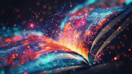 Digital Knowledge - Book with glowing data network - Open book with colorful data visualizations emerging, symbolizing the intersection of knowledge and technology, perfect for educational themes.