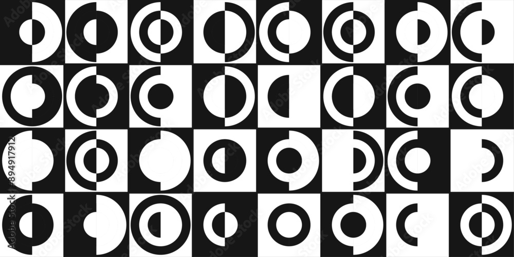 Poster Black and white checkerboard pattern, circles inside. Seamless vector and monochrome pattern of circles. Two color tiled abstract pattern.