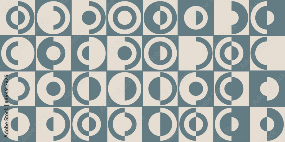 Poster Abstract circles in chess tiles. Divided semicircles, two-color tiled abstract pattern.